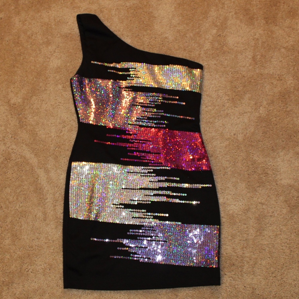 Black cocktail dress w/ multicolor sequins; like new!
